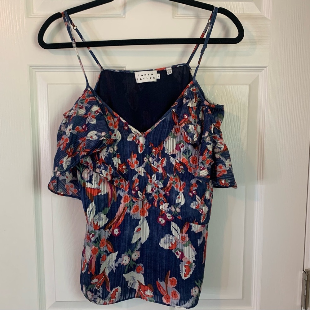 Tanya Taylor Navy Floral Cold-Shoulder Ruffle Silk Blouse, size 2 - Picture 11 of 11
